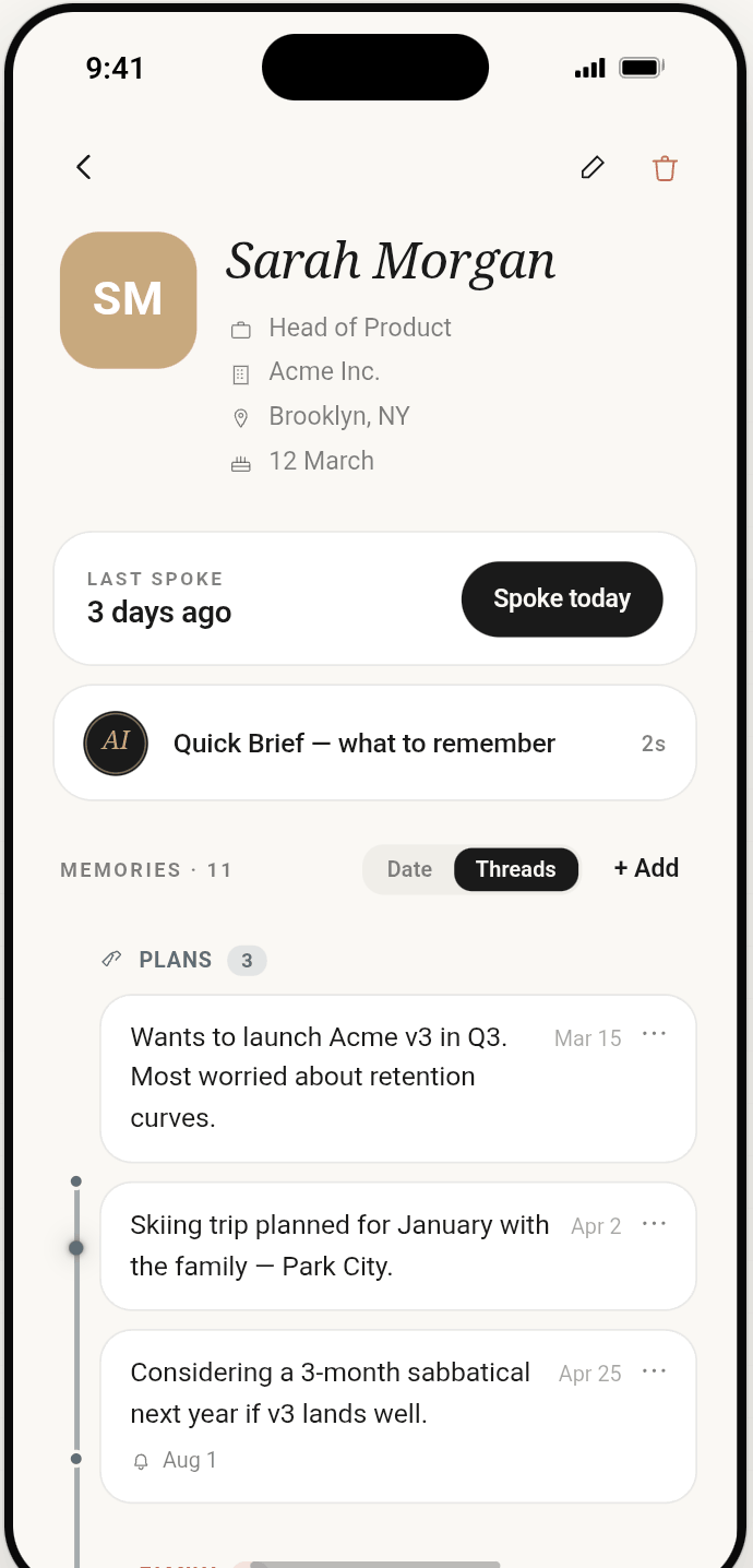 Recalla app showing a contact's memory thread